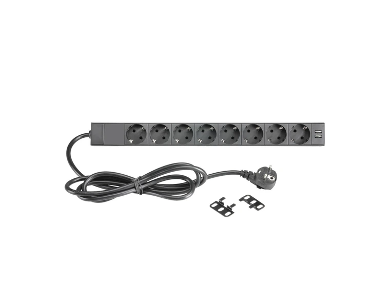 Adam Hall strømskinne 19" 1U Rackmonterbar (8 stikk + 2 USB) 87471USB 